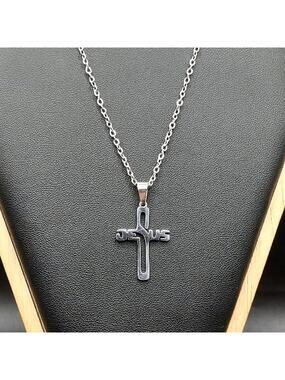 Silver Necklace w/ Jesus Cross Pendant Men's Women's Anniversary Birthday Gift